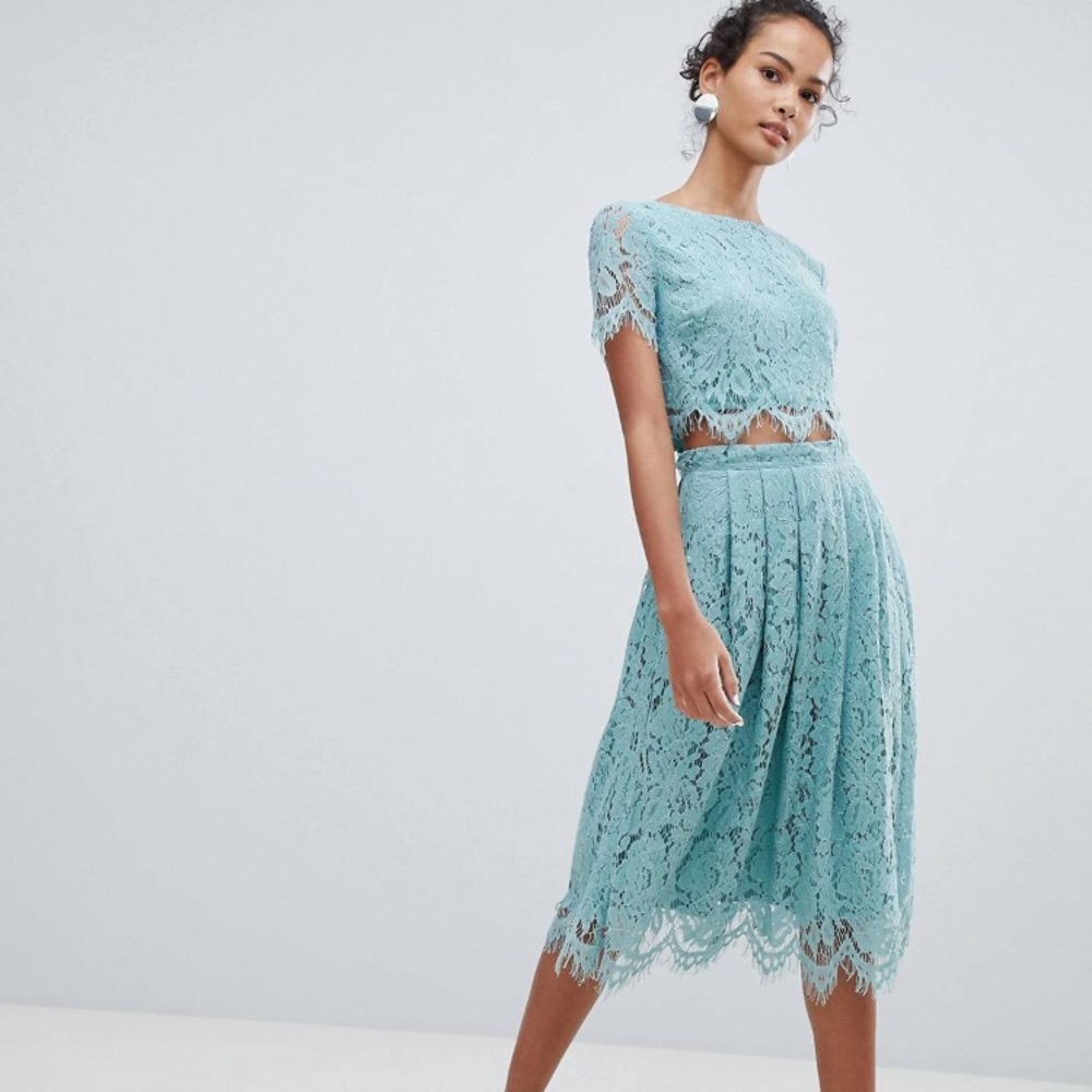 New Look Turquoise Lace Midi Skirt
